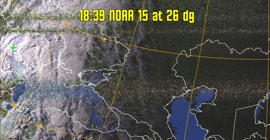 HVCT:
Similar to HVC, but with blue water and with colours more indicative of
land temperatures.
HVC:
Creates a false colour image from NOAA APT images based on temperature using
the HVC colour model. Uses the temperature derived from the sensor 4 image to
select the hue and the brightness from the histogram equalised other image to
select the value and chroma. The HVC colour model attempts to ensure that different colours at the same value will appear to the eye to be the same brightness
and the spacing between colours representing each degree will appear to the eye to
be similar. Bright areas are completely unsaturated in this model.