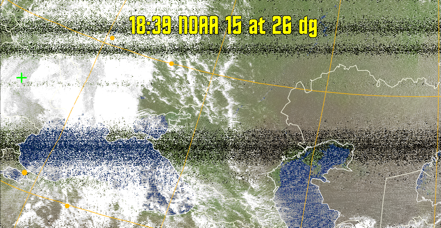 MCIR-precip: 
Colours the NOAA sensor 4 IR image using a map to colour the sea blue and land
green. High clouds appear white, lower clouds gray or land/sea coloured, clouds
generally appear lighter, but distinguishing between land/sea and low cloud may
be difficult. Darker colours indicate warmer regions.