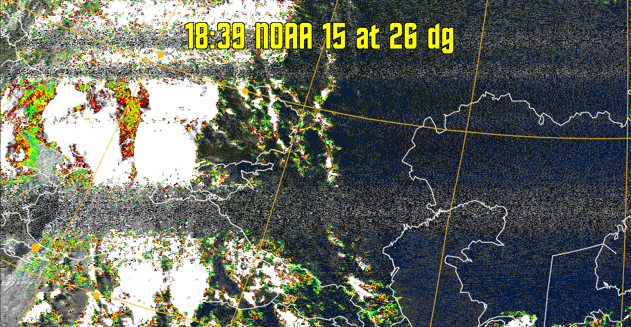 MSA-precip:
Same as MSA multispectral analysis, but high cold cloud tops are coloured the
same as the NO enhancement to give an approximate indication of the probability
and intensity of precipitation.