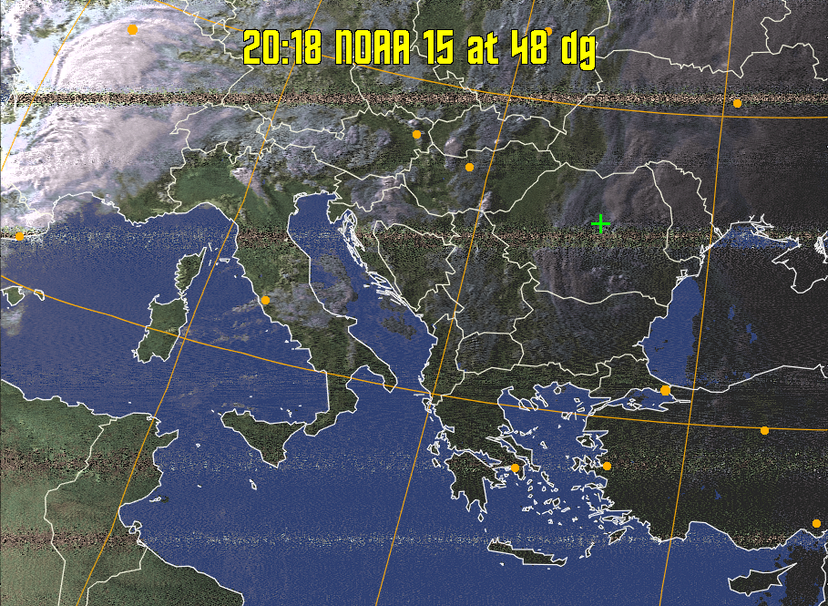 HVCT:
Similar to HVC, but with blue water and with colours more indicative of
land temperatures.
HVC:
Creates a false colour image from NOAA APT images based on temperature using
the HVC colour model. Uses the temperature derived from the sensor 4 image to
select the hue and the brightness from the histogram equalised other image to
select the value and chroma. The HVC colour model attempts to ensure that different colours at the same value will appear to the eye to be the same brightness
and the spacing between colours representing each degree will appear to the eye to
be similar. Bright areas are completely unsaturated in this model.