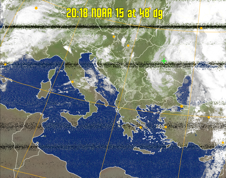 MCIR-precip: 
Colours the NOAA sensor 4 IR image using a map to colour the sea blue and land
green. High clouds appear white, lower clouds gray or land/sea coloured, clouds
generally appear lighter, but distinguishing between land/sea and low cloud may
be difficult. Darker colours indicate warmer regions.
