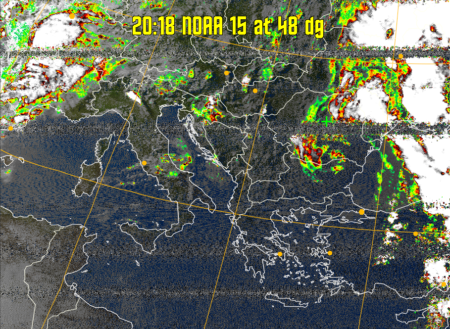 MSA-precip:
Same as MSA multispectral analysis, but high cold cloud tops are coloured the
same as the NO enhancement to give an approximate indication of the probability
and intensity of precipitation.