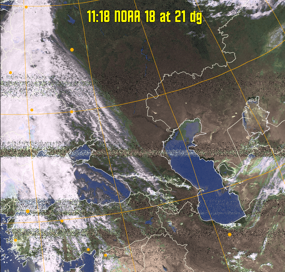 HVCT:
Similar to HVC, but with blue water and with colours more indicative of
land temperatures.
HVC:
Creates a false colour image from NOAA APT images based on temperature using
the HVC colour model. Uses the temperature derived from the sensor 4 image to
select the hue and the brightness from the histogram equalised other image to
select the value and chroma. The HVC colour model attempts to ensure that different colours at the same value will appear to the eye to be the same brightness
and the spacing between colours representing each degree will appear to the eye to
be similar. Bright areas are completely unsaturated in this model.