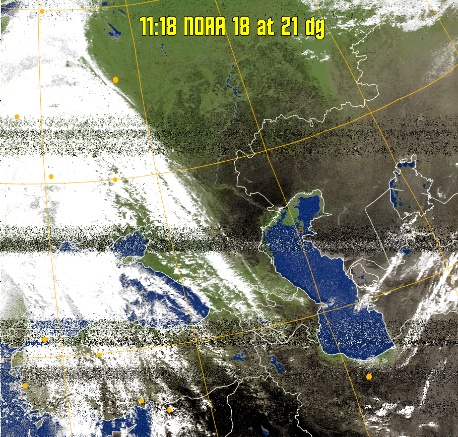 MCIR-precip: 
Colours the NOAA sensor 4 IR image using a map to colour the sea blue and land
green. High clouds appear white, lower clouds gray or land/sea coloured, clouds
generally appear lighter, but distinguishing between land/sea and low cloud may
be difficult. Darker colours indicate warmer regions.