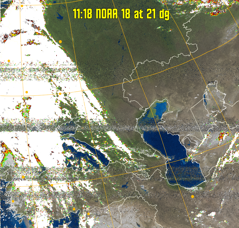 MSA-precip:
Same as MSA multispectral analysis, but high cold cloud tops are coloured the
same as the NO enhancement to give an approximate indication of the probability
and intensity of precipitation.