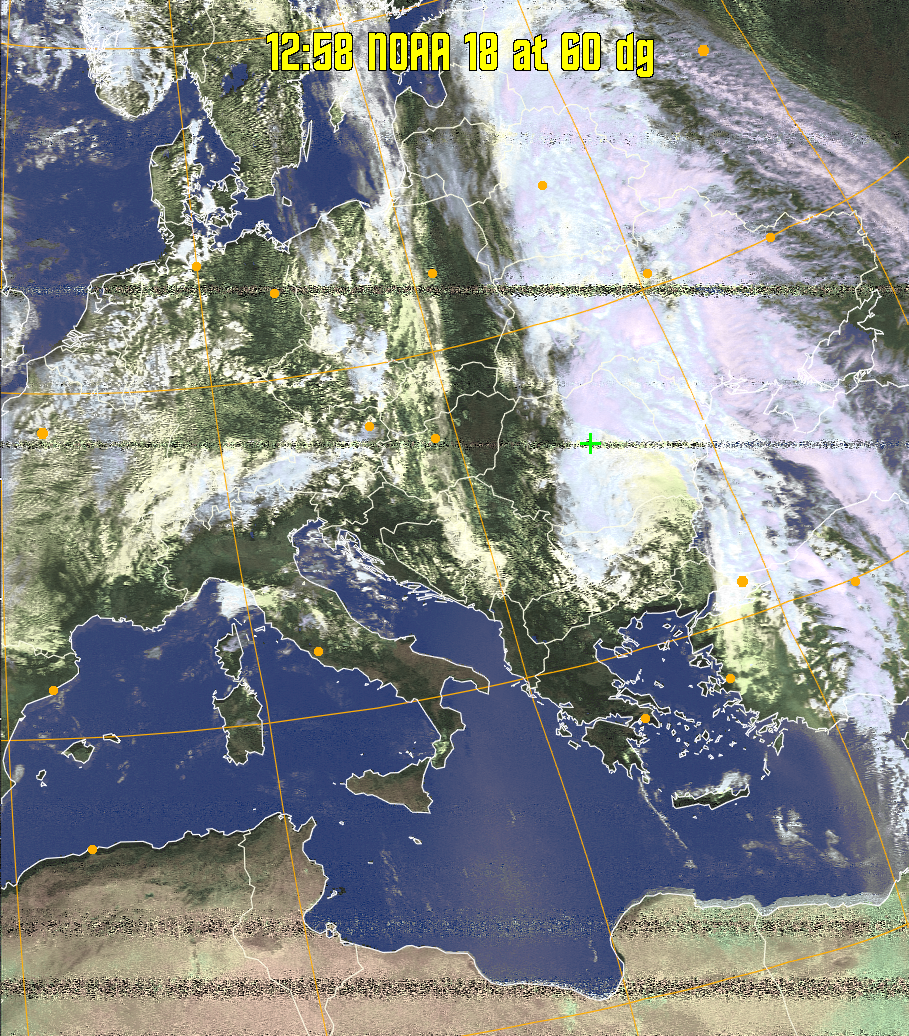 HVCT:
Similar to HVC, but with blue water and with colours more indicative of
land temperatures.
HVC:
Creates a false colour image from NOAA APT images based on temperature using
the HVC colour model. Uses the temperature derived from the sensor 4 image to
select the hue and the brightness from the histogram equalised other image to
select the value and chroma. The HVC colour model attempts to ensure that different colours at the same value will appear to the eye to be the same brightness
and the spacing between colours representing each degree will appear to the eye to
be similar. Bright areas are completely unsaturated in this model.