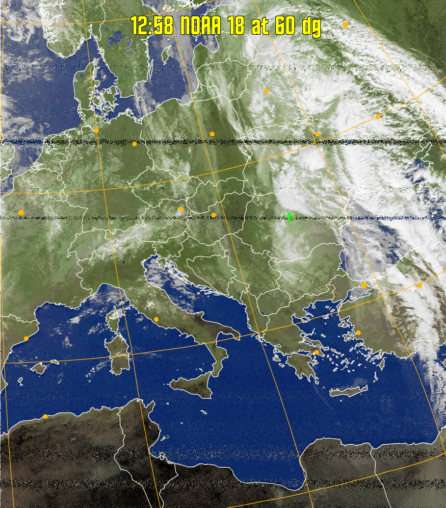 MCIR-precip: 
Colours the NOAA sensor 4 IR image using a map to colour the sea blue and land
green. High clouds appear white, lower clouds gray or land/sea coloured, clouds
generally appear lighter, but distinguishing between land/sea and low cloud may
be difficult. Darker colours indicate warmer regions.