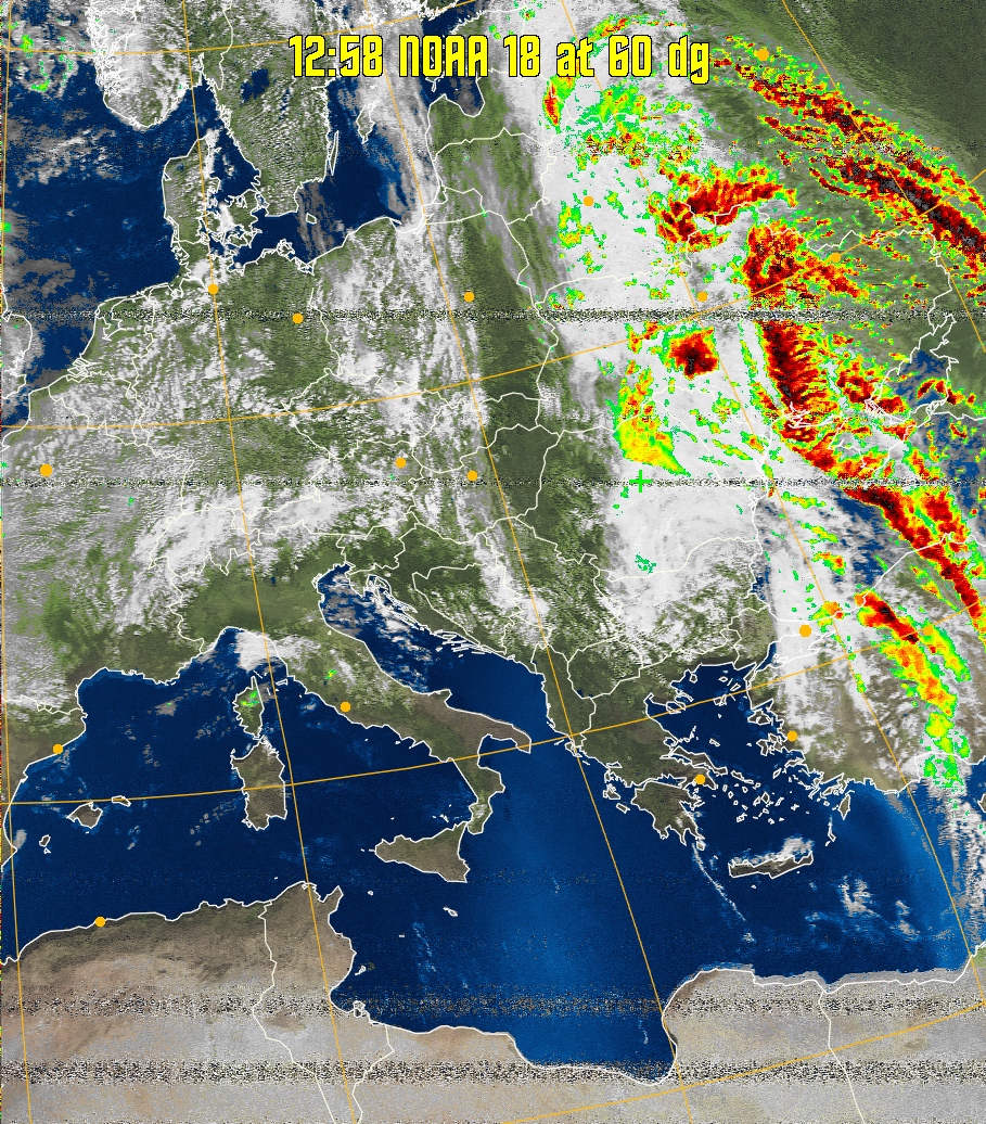 MSA-precip:
Same as MSA multispectral analysis, but high cold cloud tops are coloured the
same as the NO enhancement to give an approximate indication of the probability
and intensity of precipitation.