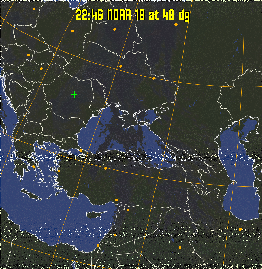 HVCT:
Similar to HVC, but with blue water and with colours more indicative of
land temperatures.
HVC:
Creates a false colour image from NOAA APT images based on temperature using
the HVC colour model. Uses the temperature derived from the sensor 4 image to
select the hue and the brightness from the histogram equalised other image to
select the value and chroma. The HVC colour model attempts to ensure that different colours at the same value will appear to the eye to be the same brightness
and the spacing between colours representing each degree will appear to the eye to
be similar. Bright areas are completely unsaturated in this model.