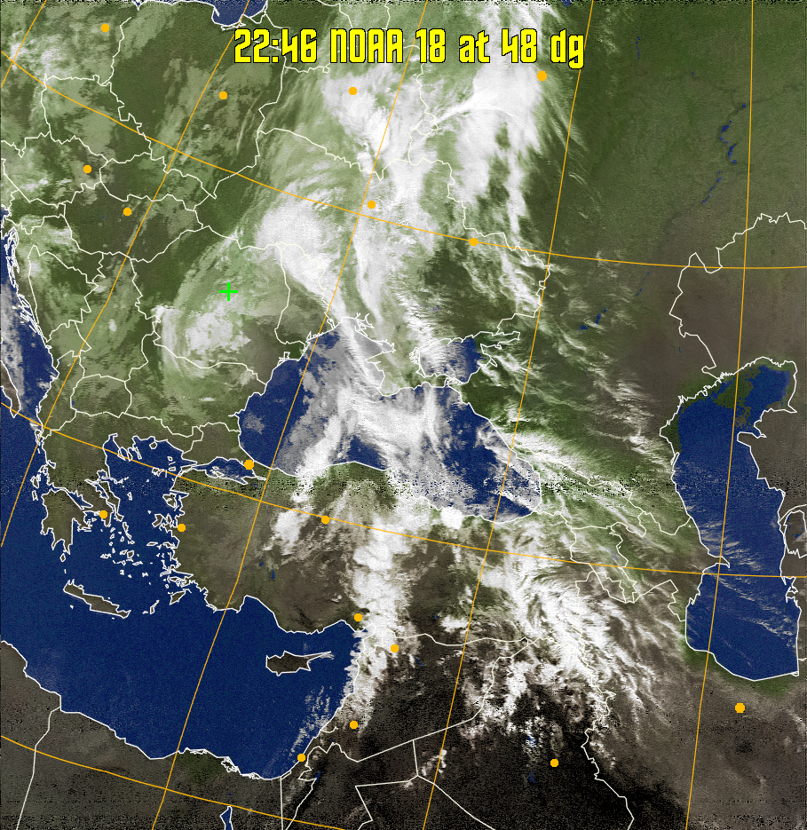MCIR-precip: 
Colours the NOAA sensor 4 IR image using a map to colour the sea blue and land
green. High clouds appear white, lower clouds gray or land/sea coloured, clouds
generally appear lighter, but distinguishing between land/sea and low cloud may
be difficult. Darker colours indicate warmer regions.