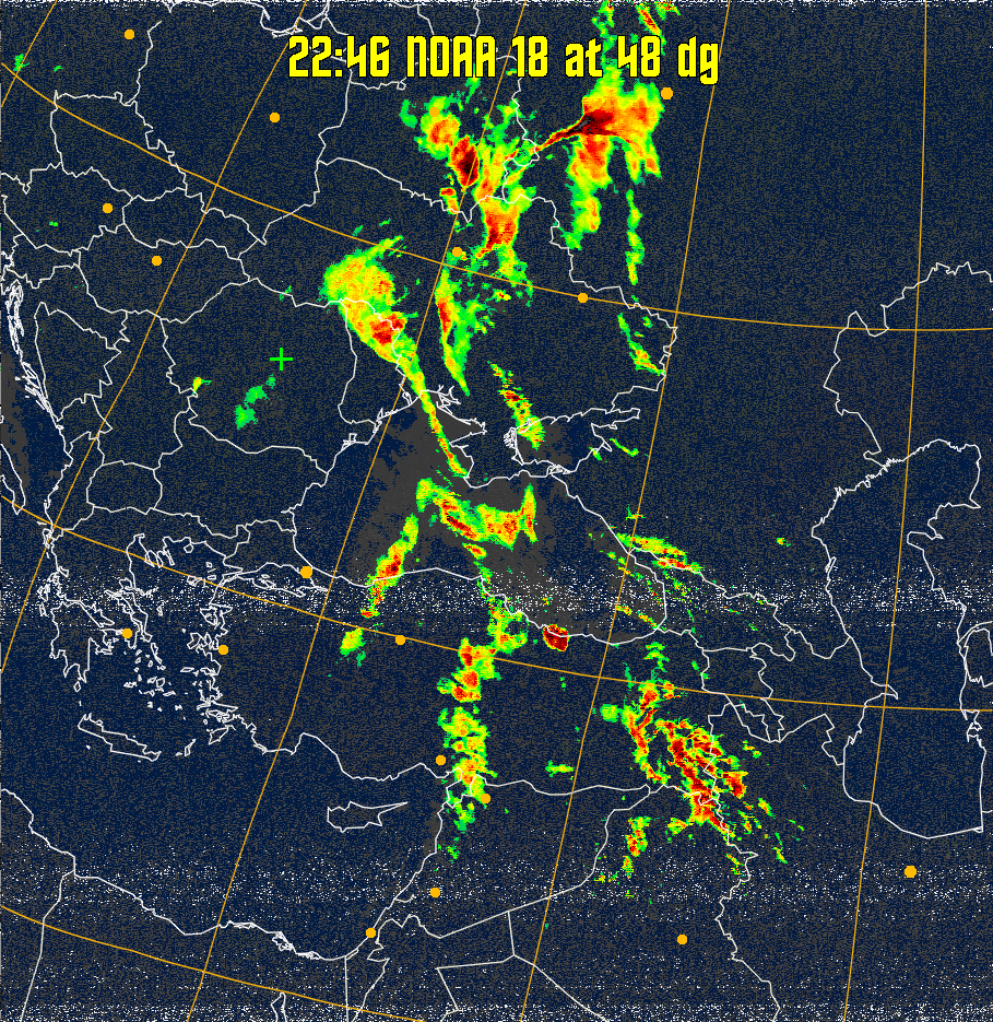 MSA-precip:
Same as MSA multispectral analysis, but high cold cloud tops are coloured the
same as the NO enhancement to give an approximate indication of the probability
and intensity of precipitation.