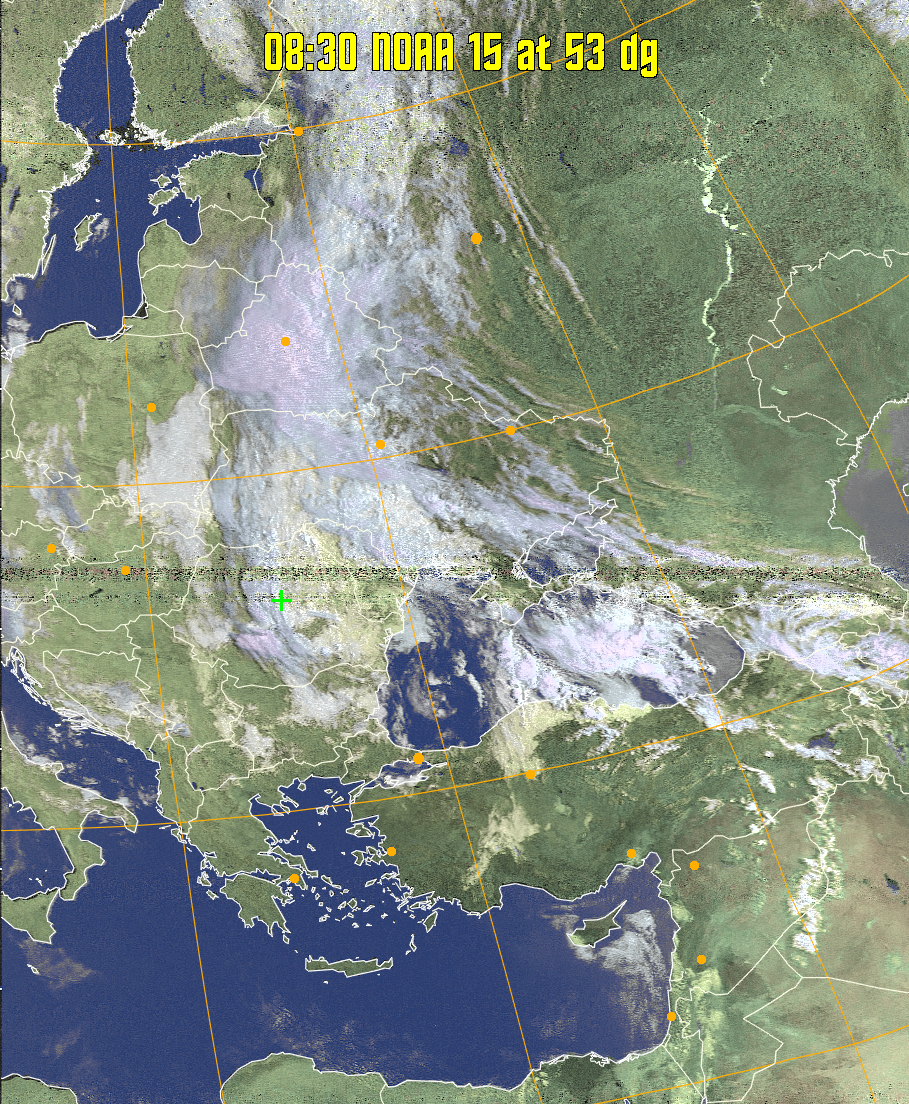 HVCT:
Similar to HVC, but with blue water and with colours more indicative of
land temperatures.
HVC:
Creates a false colour image from NOAA APT images based on temperature using
the HVC colour model. Uses the temperature derived from the sensor 4 image to
select the hue and the brightness from the histogram equalised other image to
select the value and chroma. The HVC colour model attempts to ensure that different colours at the same value will appear to the eye to be the same brightness
and the spacing between colours representing each degree will appear to the eye to
be similar. Bright areas are completely unsaturated in this model.