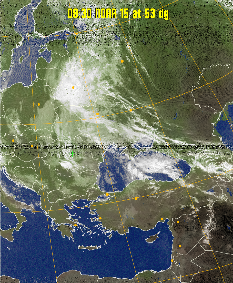 MCIR-precip: 
Colours the NOAA sensor 4 IR image using a map to colour the sea blue and land
green. High clouds appear white, lower clouds gray or land/sea coloured, clouds
generally appear lighter, but distinguishing between land/sea and low cloud may
be difficult. Darker colours indicate warmer regions.