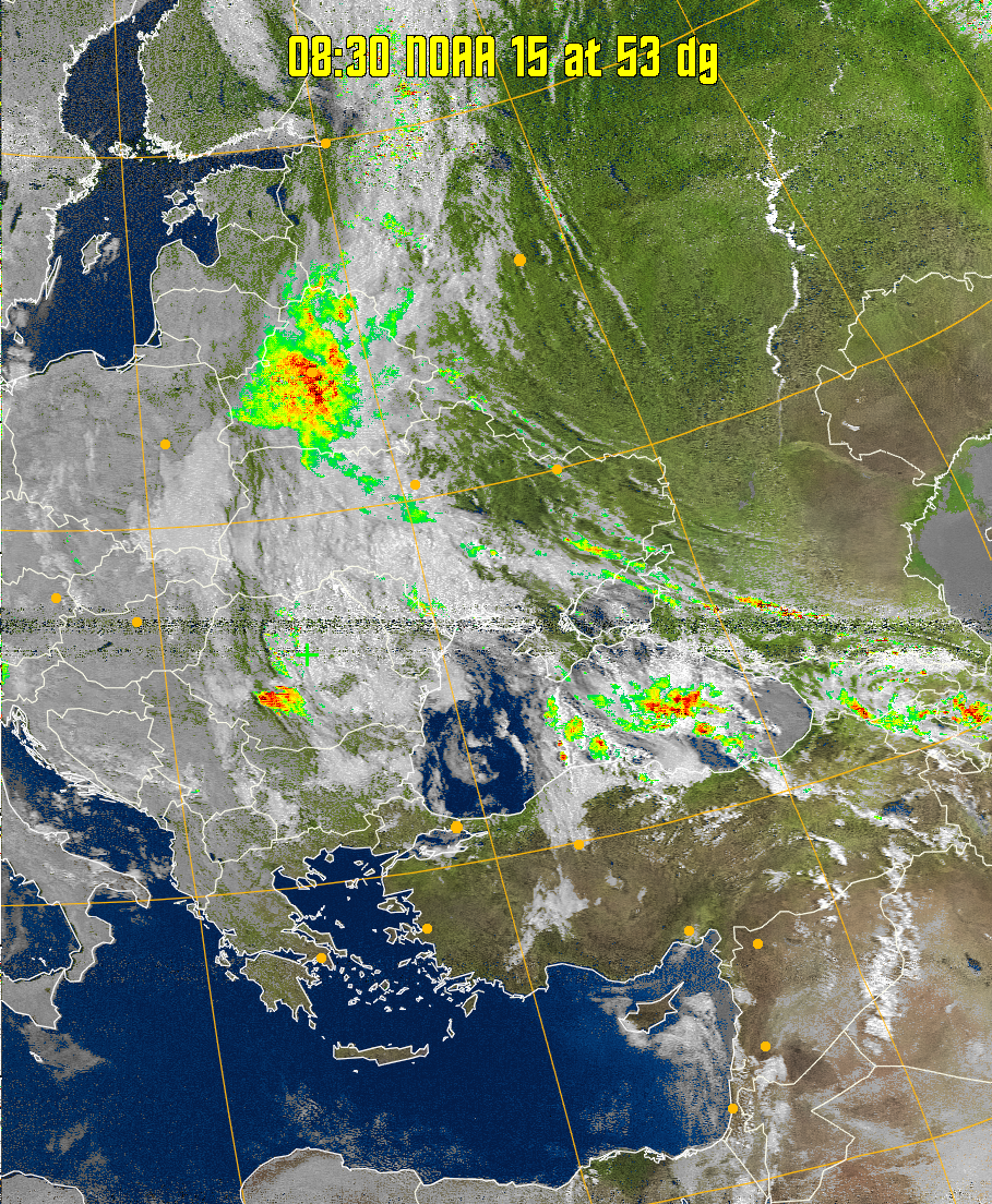 MSA-precip:
Same as MSA multispectral analysis, but high cold cloud tops are coloured the
same as the NO enhancement to give an approximate indication of the probability
and intensity of precipitation.