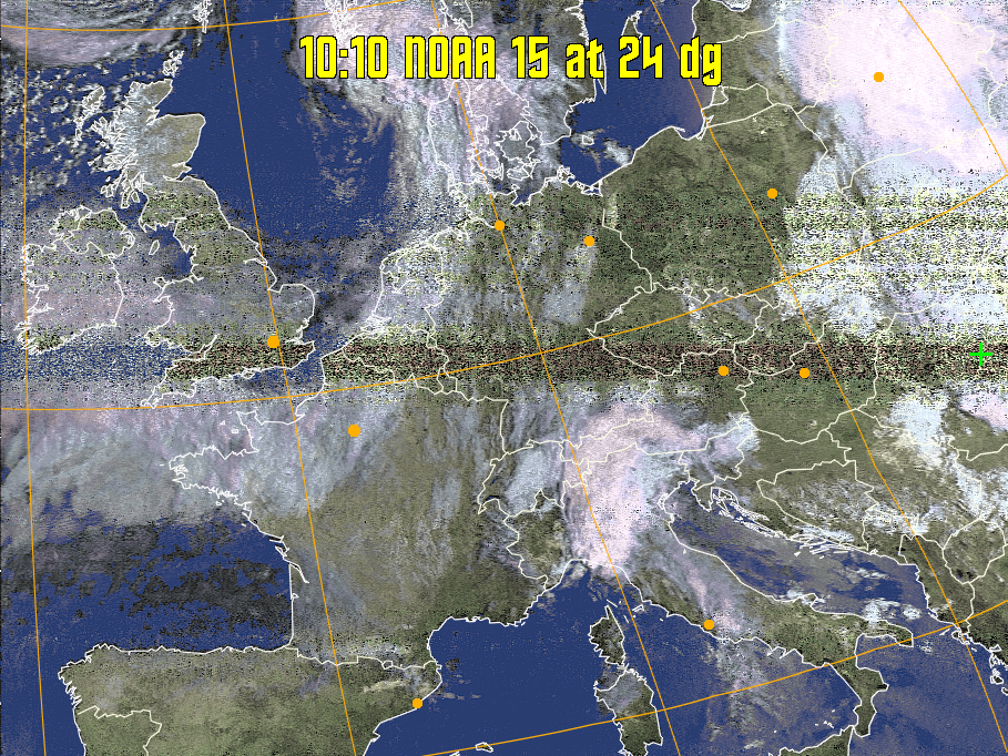 HVCT:
Similar to HVC, but with blue water and with colours more indicative of
land temperatures.
HVC:
Creates a false colour image from NOAA APT images based on temperature using
the HVC colour model. Uses the temperature derived from the sensor 4 image to
select the hue and the brightness from the histogram equalised other image to
select the value and chroma. The HVC colour model attempts to ensure that different colours at the same value will appear to the eye to be the same brightness
and the spacing between colours representing each degree will appear to the eye to
be similar. Bright areas are completely unsaturated in this model.