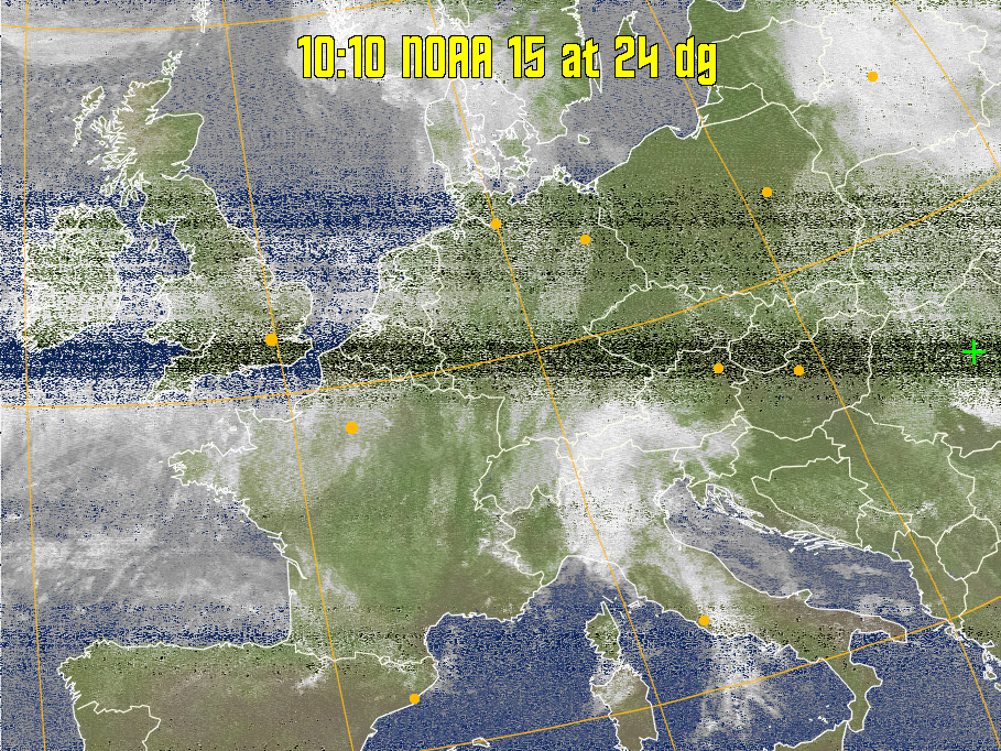 MCIR-precip: 
Colours the NOAA sensor 4 IR image using a map to colour the sea blue and land
green. High clouds appear white, lower clouds gray or land/sea coloured, clouds
generally appear lighter, but distinguishing between land/sea and low cloud may
be difficult. Darker colours indicate warmer regions.