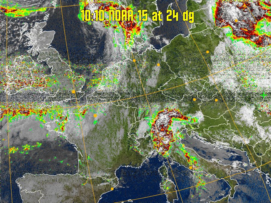 MSA-precip:
Same as MSA multispectral analysis, but high cold cloud tops are coloured the
same as the NO enhancement to give an approximate indication of the probability
and intensity of precipitation.