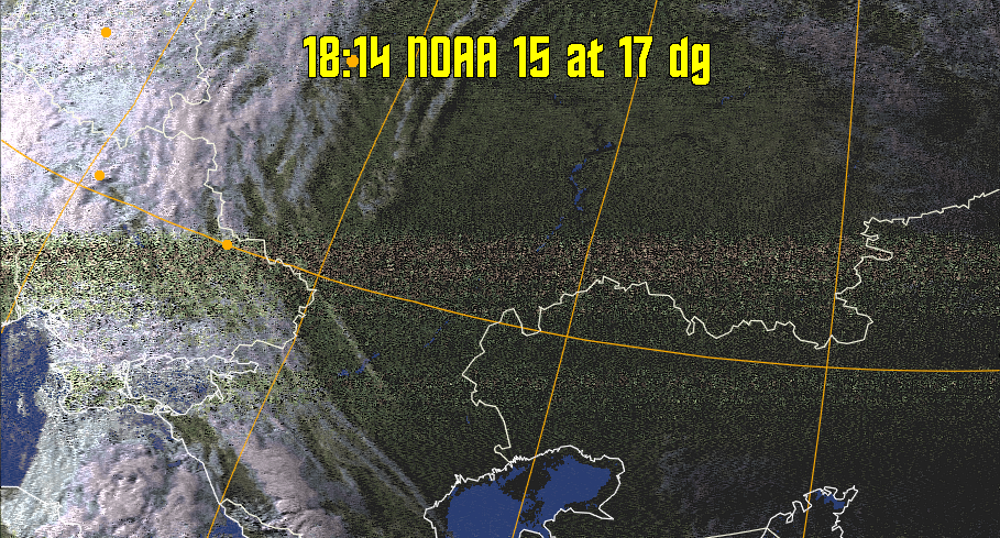 HVCT:
Similar to HVC, but with blue water and with colours more indicative of
land temperatures.
HVC:
Creates a false colour image from NOAA APT images based on temperature using
the HVC colour model. Uses the temperature derived from the sensor 4 image to
select the hue and the brightness from the histogram equalised other image to
select the value and chroma. The HVC colour model attempts to ensure that different colours at the same value will appear to the eye to be the same brightness
and the spacing between colours representing each degree will appear to the eye to
be similar. Bright areas are completely unsaturated in this model.