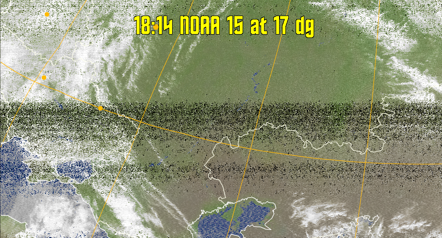 MCIR-precip: 
Colours the NOAA sensor 4 IR image using a map to colour the sea blue and land
green. High clouds appear white, lower clouds gray or land/sea coloured, clouds
generally appear lighter, but distinguishing between land/sea and low cloud may
be difficult. Darker colours indicate warmer regions.