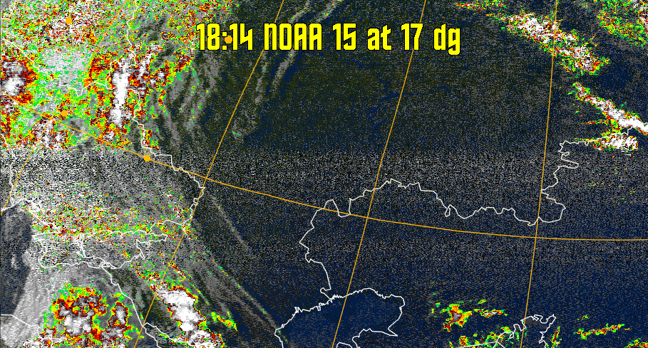 MSA-precip:
Same as MSA multispectral analysis, but high cold cloud tops are coloured the
same as the NO enhancement to give an approximate indication of the probability
and intensity of precipitation.