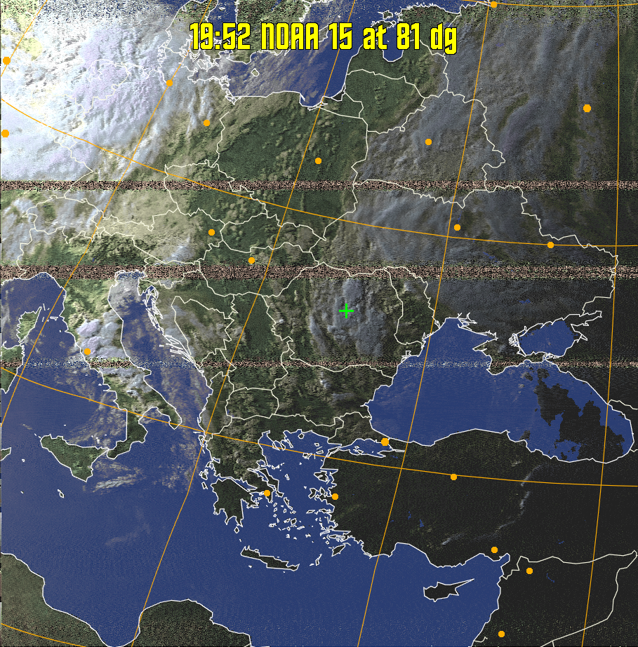HVCT:
Similar to HVC, but with blue water and with colours more indicative of
land temperatures.
HVC:
Creates a false colour image from NOAA APT images based on temperature using
the HVC colour model. Uses the temperature derived from the sensor 4 image to
select the hue and the brightness from the histogram equalised other image to
select the value and chroma. The HVC colour model attempts to ensure that different colours at the same value will appear to the eye to be the same brightness
and the spacing between colours representing each degree will appear to the eye to
be similar. Bright areas are completely unsaturated in this model.