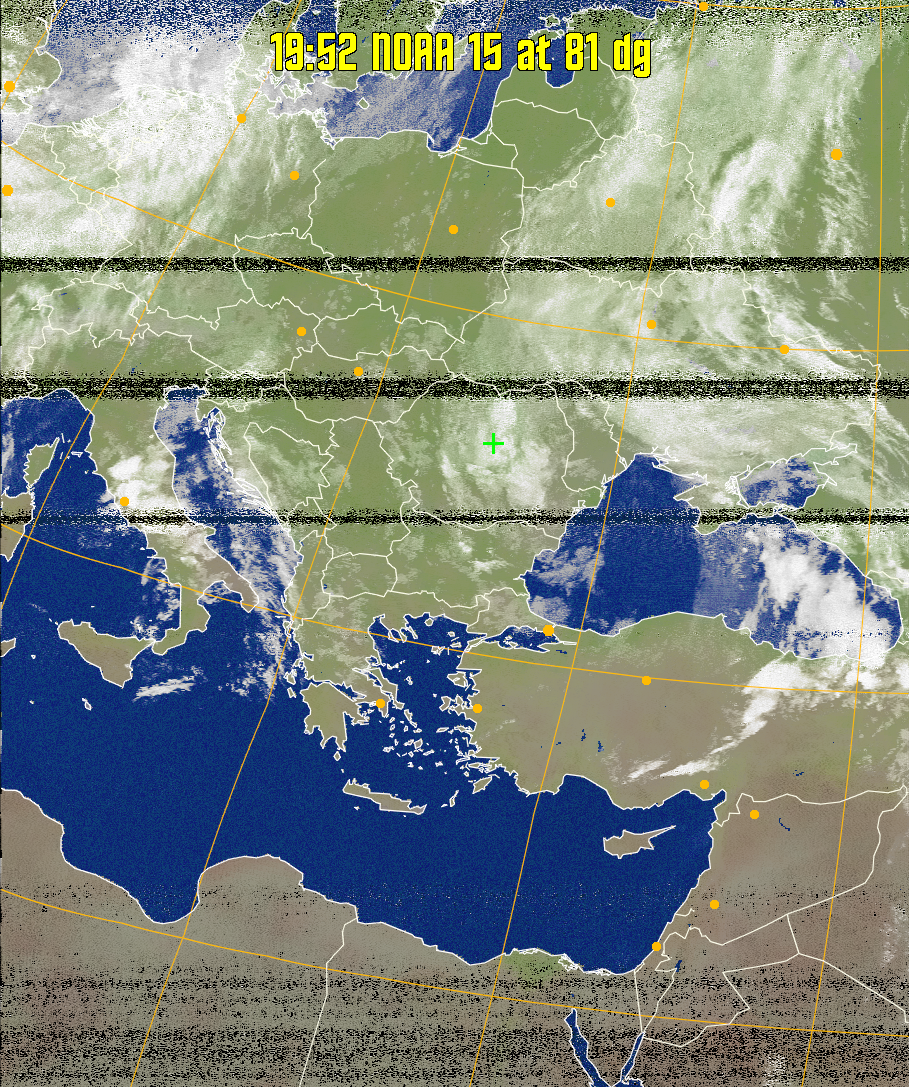 MCIR-precip: 
Colours the NOAA sensor 4 IR image using a map to colour the sea blue and land
green. High clouds appear white, lower clouds gray or land/sea coloured, clouds
generally appear lighter, but distinguishing between land/sea and low cloud may
be difficult. Darker colours indicate warmer regions.