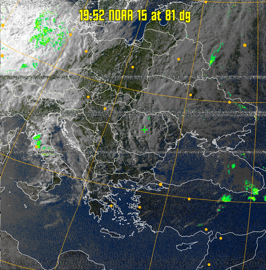 MSA-precip:
Same as MSA multispectral analysis, but high cold cloud tops are coloured the
same as the NO enhancement to give an approximate indication of the probability
and intensity of precipitation.