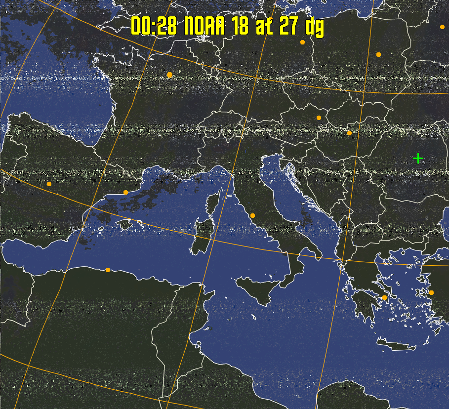 HVCT:
Similar to HVC, but with blue water and with colours more indicative of
land temperatures.
HVC:
Creates a false colour image from NOAA APT images based on temperature using
the HVC colour model. Uses the temperature derived from the sensor 4 image to
select the hue and the brightness from the histogram equalised other image to
select the value and chroma. The HVC colour model attempts to ensure that different colours at the same value will appear to the eye to be the same brightness
and the spacing between colours representing each degree will appear to the eye to
be similar. Bright areas are completely unsaturated in this model.