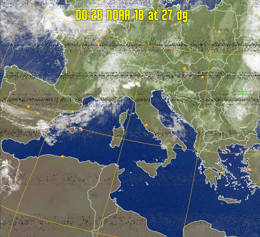 MCIR-precip: 
Colours the NOAA sensor 4 IR image using a map to colour the sea blue and land
green. High clouds appear white, lower clouds gray or land/sea coloured, clouds
generally appear lighter, but distinguishing between land/sea and low cloud may
be difficult. Darker colours indicate warmer regions.