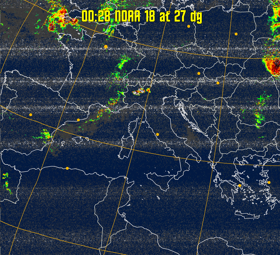 MSA-precip:
Same as MSA multispectral analysis, but high cold cloud tops are coloured the
same as the NO enhancement to give an approximate indication of the probability
and intensity of precipitation.