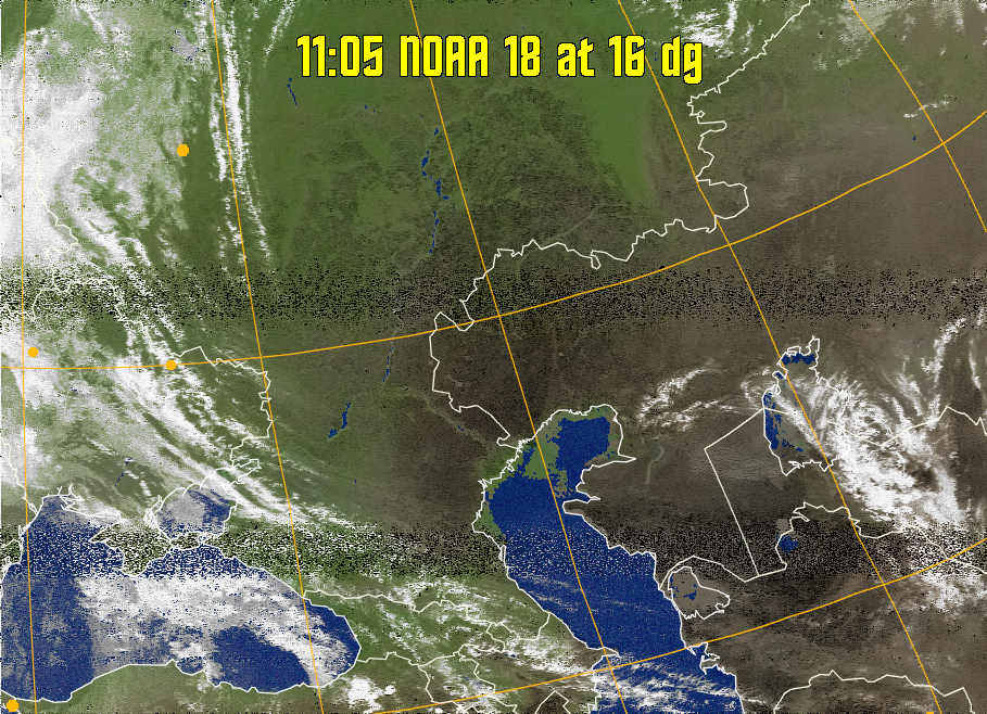 MCIR-precip: 
Colours the NOAA sensor 4 IR image using a map to colour the sea blue and land
green. High clouds appear white, lower clouds gray or land/sea coloured, clouds
generally appear lighter, but distinguishing between land/sea and low cloud may
be difficult. Darker colours indicate warmer regions.