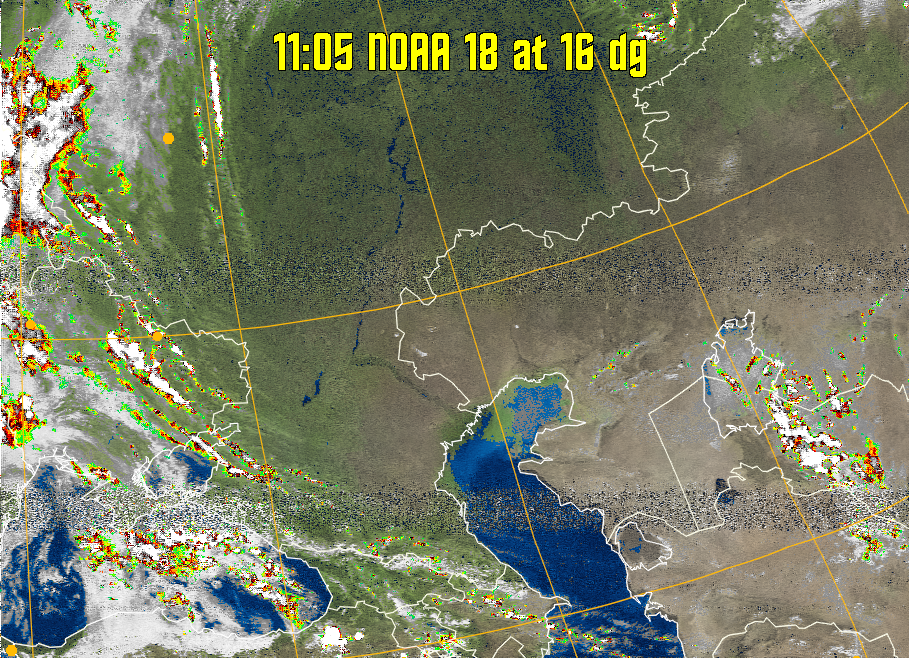 MSA-precip:
Same as MSA multispectral analysis, but high cold cloud tops are coloured the
same as the NO enhancement to give an approximate indication of the probability
and intensity of precipitation.