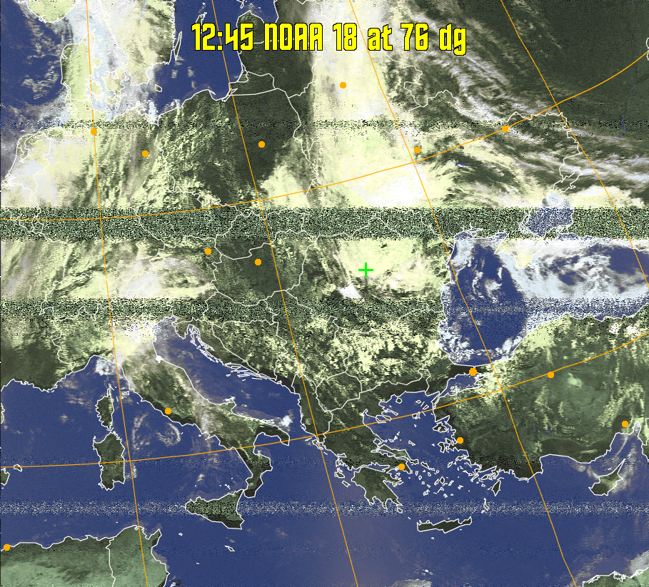 HVCT:
Similar to HVC, but with blue water and with colours more indicative of
land temperatures.
HVC:
Creates a false colour image from NOAA APT images based on temperature using
the HVC colour model. Uses the temperature derived from the sensor 4 image to
select the hue and the brightness from the histogram equalised other image to
select the value and chroma. The HVC colour model attempts to ensure that different colours at the same value will appear to the eye to be the same brightness
and the spacing between colours representing each degree will appear to the eye to
be similar. Bright areas are completely unsaturated in this model.