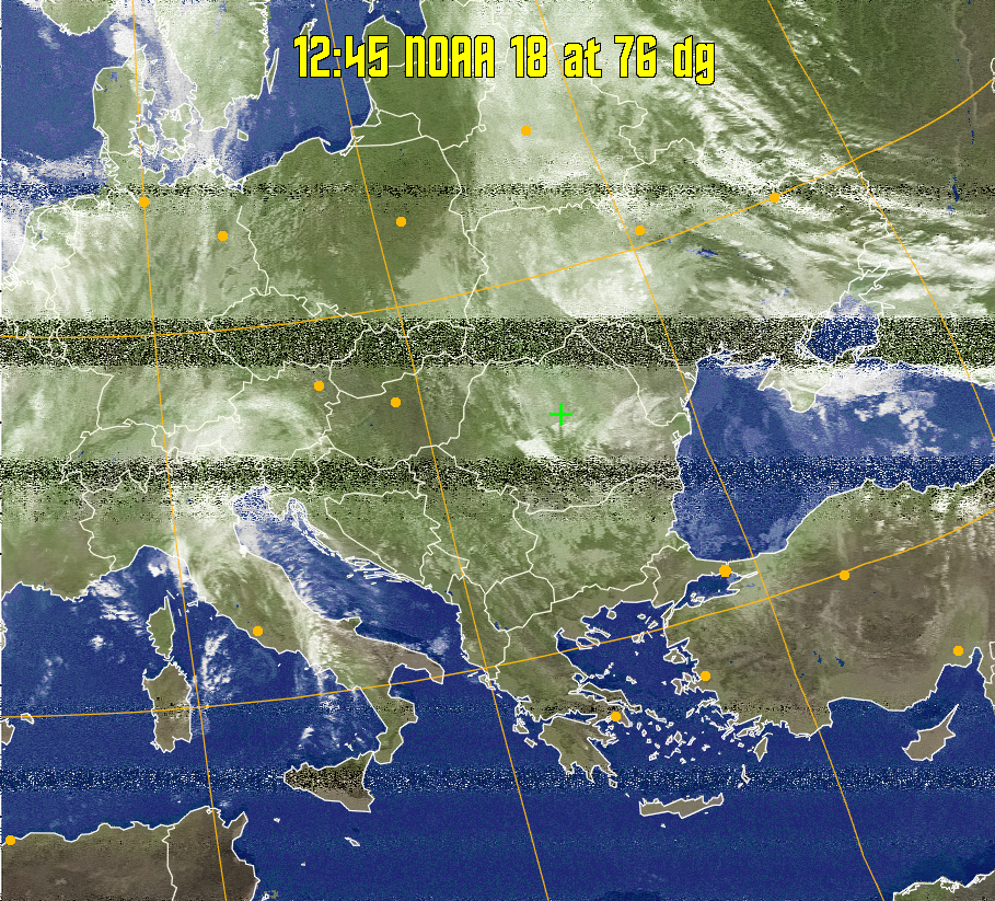 MCIR-precip: 
Colours the NOAA sensor 4 IR image using a map to colour the sea blue and land
green. High clouds appear white, lower clouds gray or land/sea coloured, clouds
generally appear lighter, but distinguishing between land/sea and low cloud may
be difficult. Darker colours indicate warmer regions.