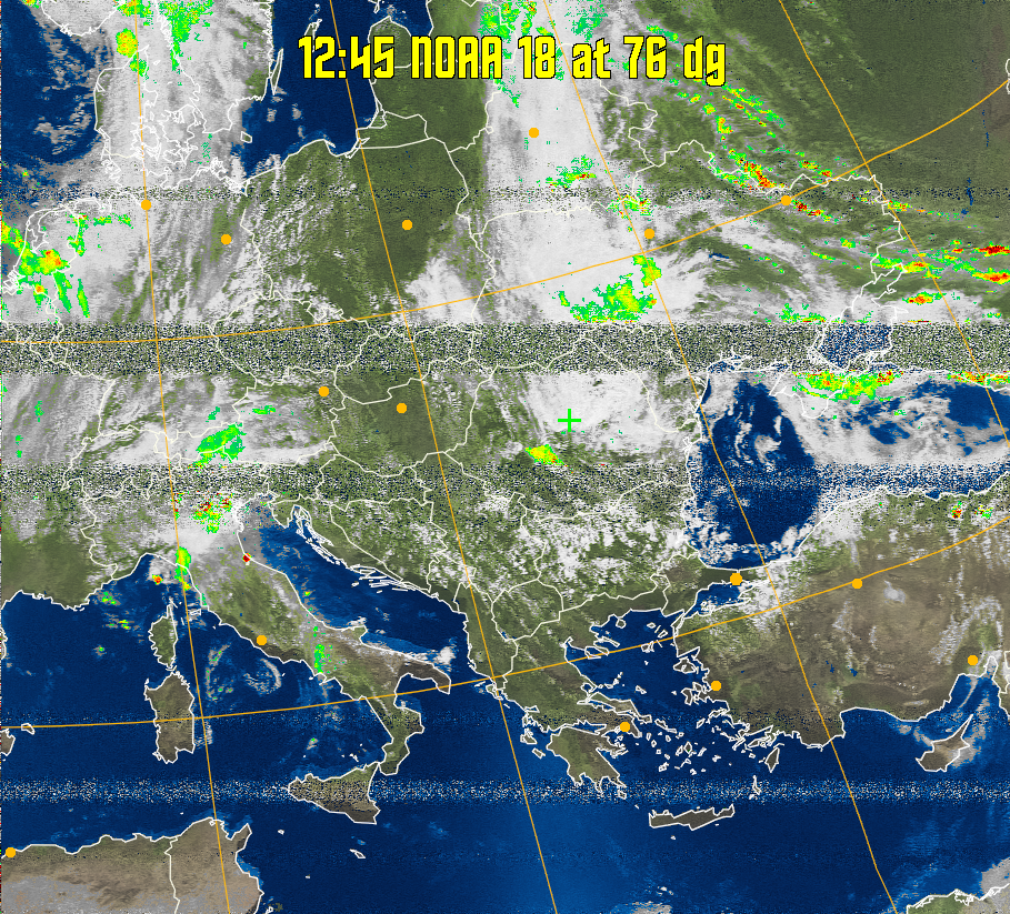 MSA-precip:
Same as MSA multispectral analysis, but high cold cloud tops are coloured the
same as the NO enhancement to give an approximate indication of the probability
and intensity of precipitation.