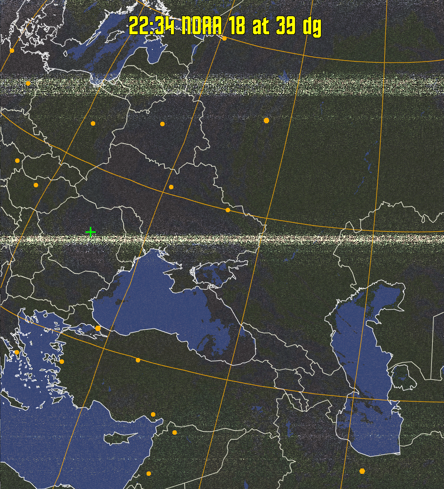 HVCT:
Similar to HVC, but with blue water and with colours more indicative of
land temperatures.
HVC:
Creates a false colour image from NOAA APT images based on temperature using
the HVC colour model. Uses the temperature derived from the sensor 4 image to
select the hue and the brightness from the histogram equalised other image to
select the value and chroma. The HVC colour model attempts to ensure that different colours at the same value will appear to the eye to be the same brightness
and the spacing between colours representing each degree will appear to the eye to
be similar. Bright areas are completely unsaturated in this model.