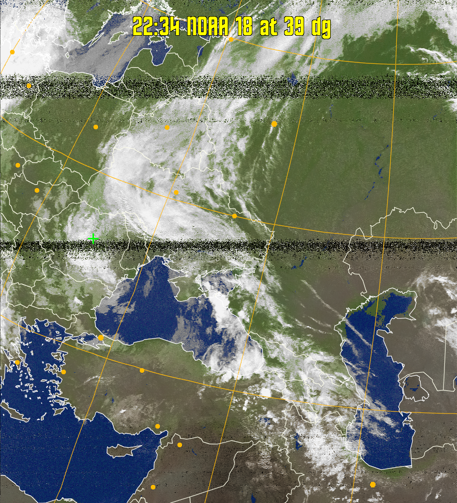 MCIR-precip: 
Colours the NOAA sensor 4 IR image using a map to colour the sea blue and land
green. High clouds appear white, lower clouds gray or land/sea coloured, clouds
generally appear lighter, but distinguishing between land/sea and low cloud may
be difficult. Darker colours indicate warmer regions.