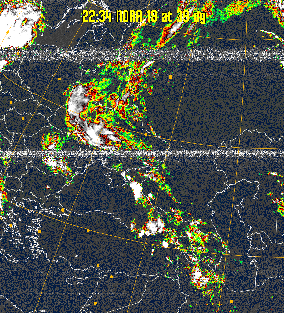 MSA-precip:
Same as MSA multispectral analysis, but high cold cloud tops are coloured the
same as the NO enhancement to give an approximate indication of the probability
and intensity of precipitation.