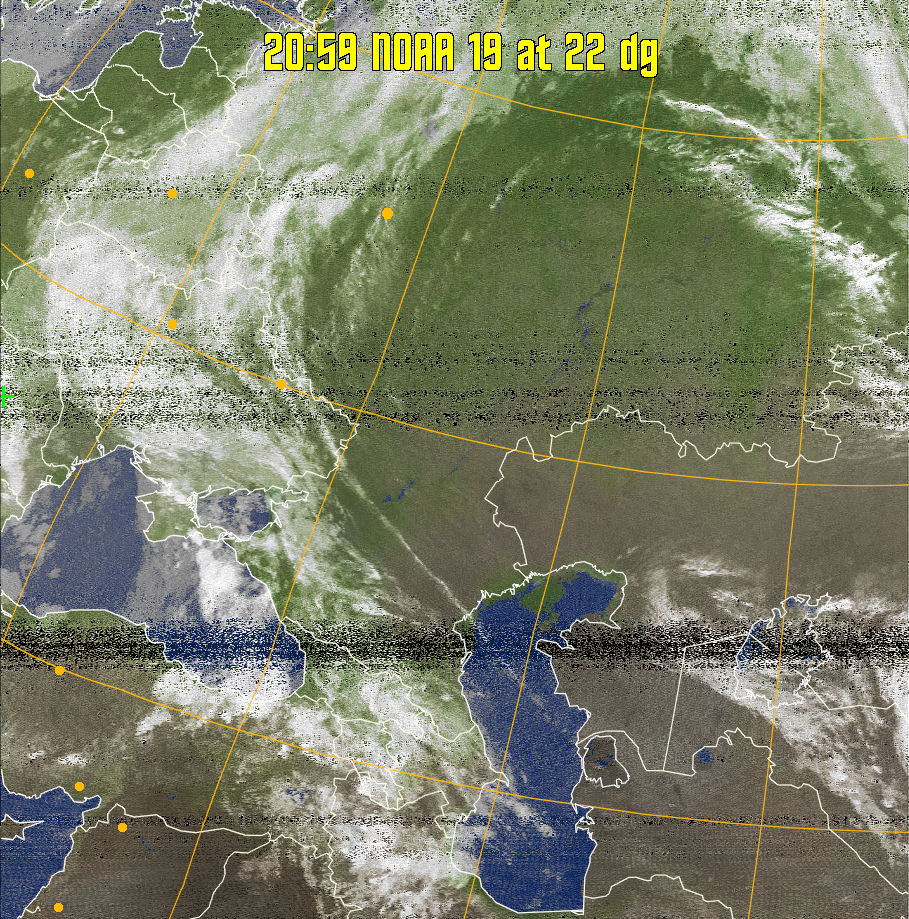 MCIR-precip: 
Colours the NOAA sensor 4 IR image using a map to colour the sea blue and land
green. High clouds appear white, lower clouds gray or land/sea coloured, clouds
generally appear lighter, but distinguishing between land/sea and low cloud may
be difficult. Darker colours indicate warmer regions.