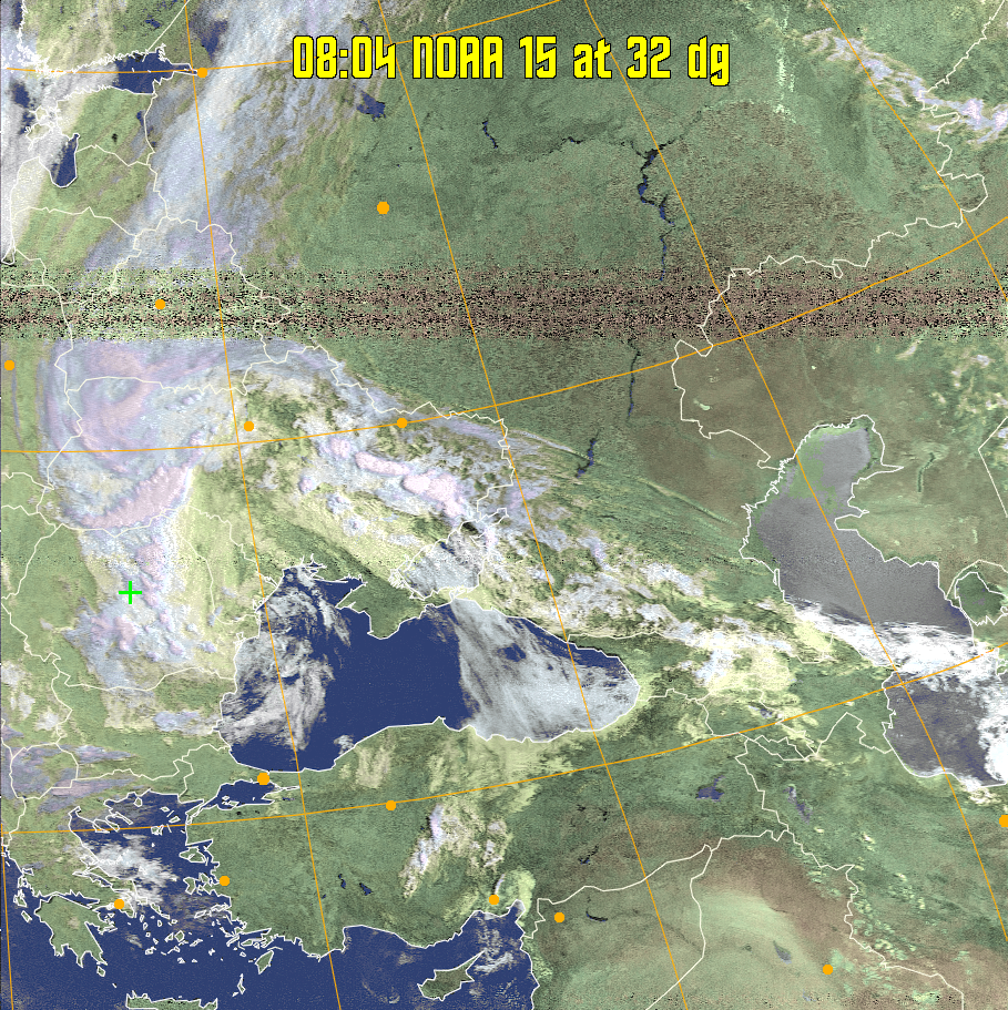 HVCT:
Similar to HVC, but with blue water and with colours more indicative of
land temperatures.
HVC:
Creates a false colour image from NOAA APT images based on temperature using
the HVC colour model. Uses the temperature derived from the sensor 4 image to
select the hue and the brightness from the histogram equalised other image to
select the value and chroma. The HVC colour model attempts to ensure that different colours at the same value will appear to the eye to be the same brightness
and the spacing between colours representing each degree will appear to the eye to
be similar. Bright areas are completely unsaturated in this model.