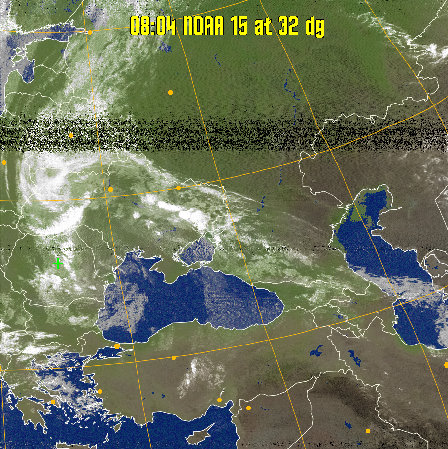 MCIR-precip: 
Colours the NOAA sensor 4 IR image using a map to colour the sea blue and land
green. High clouds appear white, lower clouds gray or land/sea coloured, clouds
generally appear lighter, but distinguishing between land/sea and low cloud may
be difficult. Darker colours indicate warmer regions.