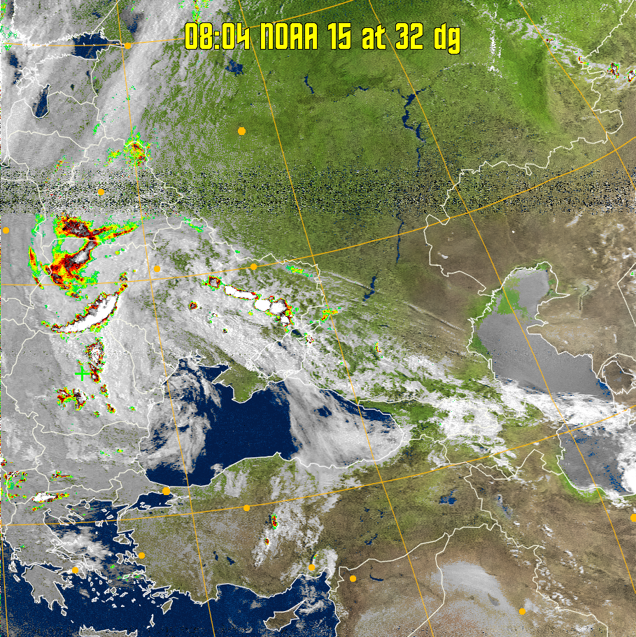 MSA-precip:
Same as MSA multispectral analysis, but high cold cloud tops are coloured the
same as the NO enhancement to give an approximate indication of the probability
and intensity of precipitation.