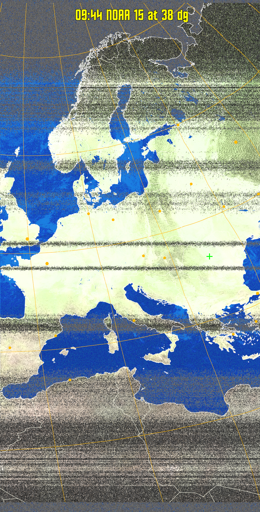 MCIR-precip: 
Colours the NOAA sensor 4 IR image using a map to colour the sea blue and land
green. High clouds appear white, lower clouds gray or land/sea coloured, clouds
generally appear lighter, but distinguishing between land/sea and low cloud may
be difficult. Darker colours indicate warmer regions.