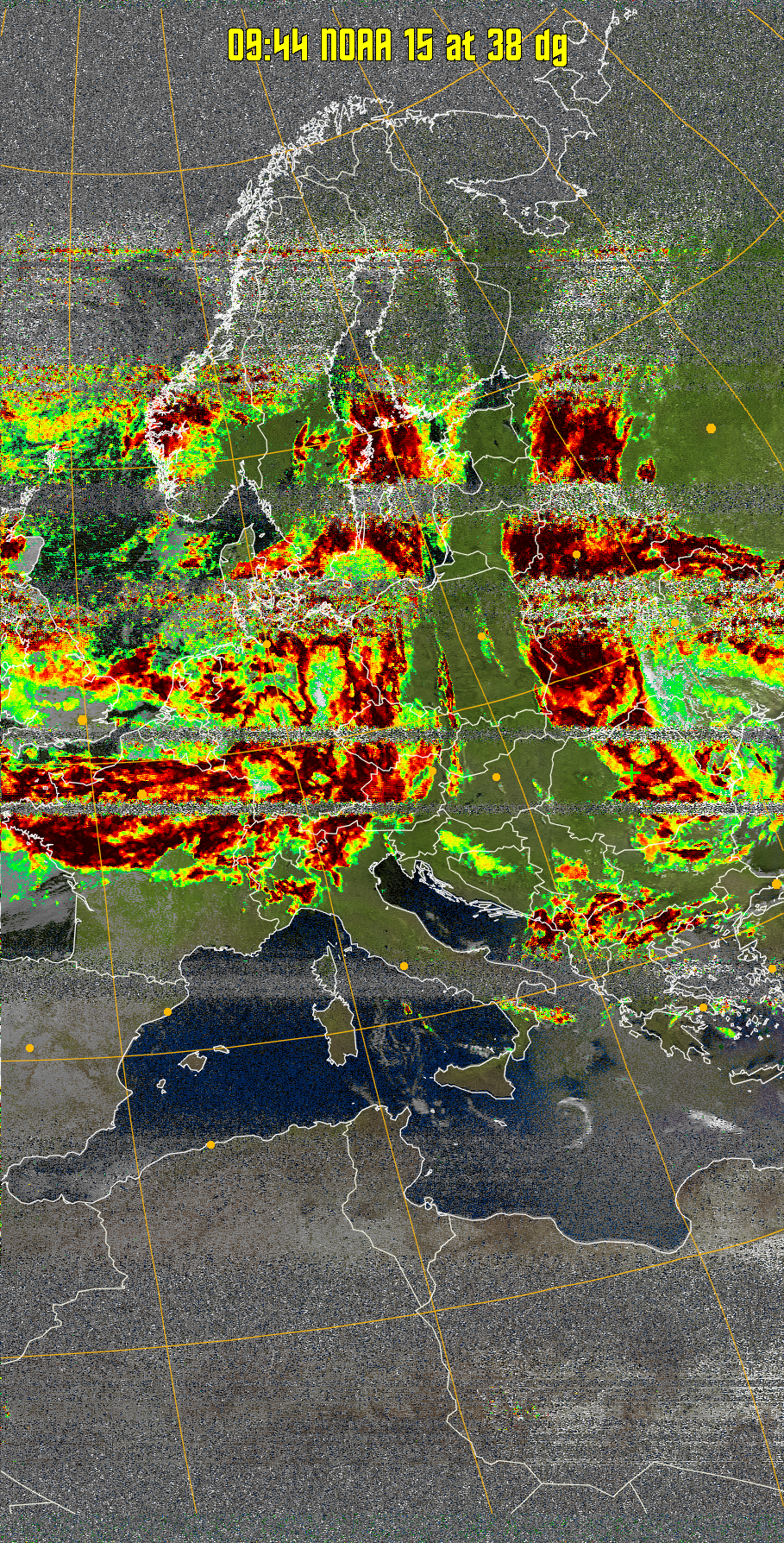 MSA-precip:
Same as MSA multispectral analysis, but high cold cloud tops are coloured the
same as the NO enhancement to give an approximate indication of the probability
and intensity of precipitation.