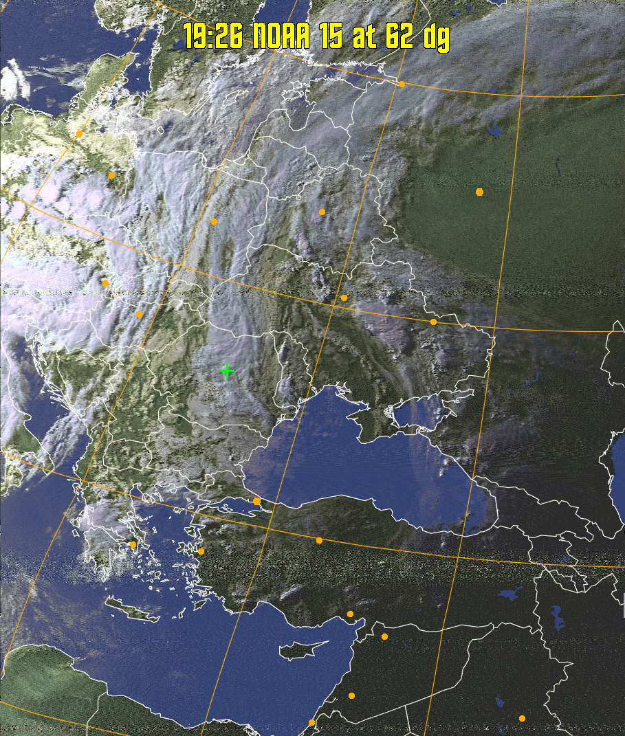 HVCT:
Similar to HVC, but with blue water and with colours more indicative of
land temperatures.
HVC:
Creates a false colour image from NOAA APT images based on temperature using
the HVC colour model. Uses the temperature derived from the sensor 4 image to
select the hue and the brightness from the histogram equalised other image to
select the value and chroma. The HVC colour model attempts to ensure that different colours at the same value will appear to the eye to be the same brightness
and the spacing between colours representing each degree will appear to the eye to
be similar. Bright areas are completely unsaturated in this model.