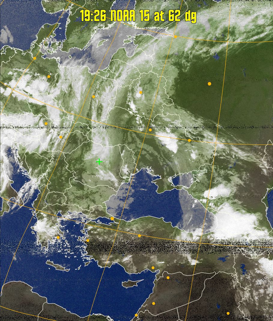 MCIR-precip: 
Colours the NOAA sensor 4 IR image using a map to colour the sea blue and land
green. High clouds appear white, lower clouds gray or land/sea coloured, clouds
generally appear lighter, but distinguishing between land/sea and low cloud may
be difficult. Darker colours indicate warmer regions.