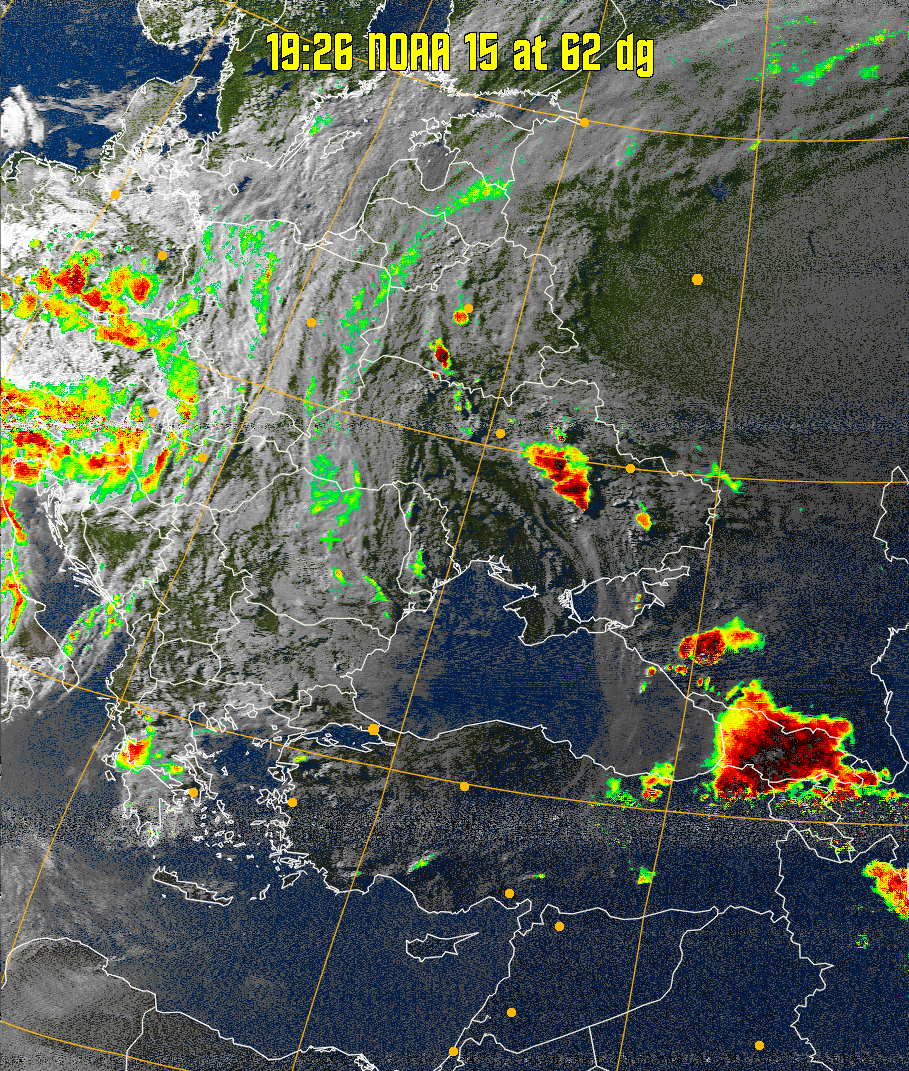 MSA-precip:
Same as MSA multispectral analysis, but high cold cloud tops are coloured the
same as the NO enhancement to give an approximate indication of the probability
and intensity of precipitation.