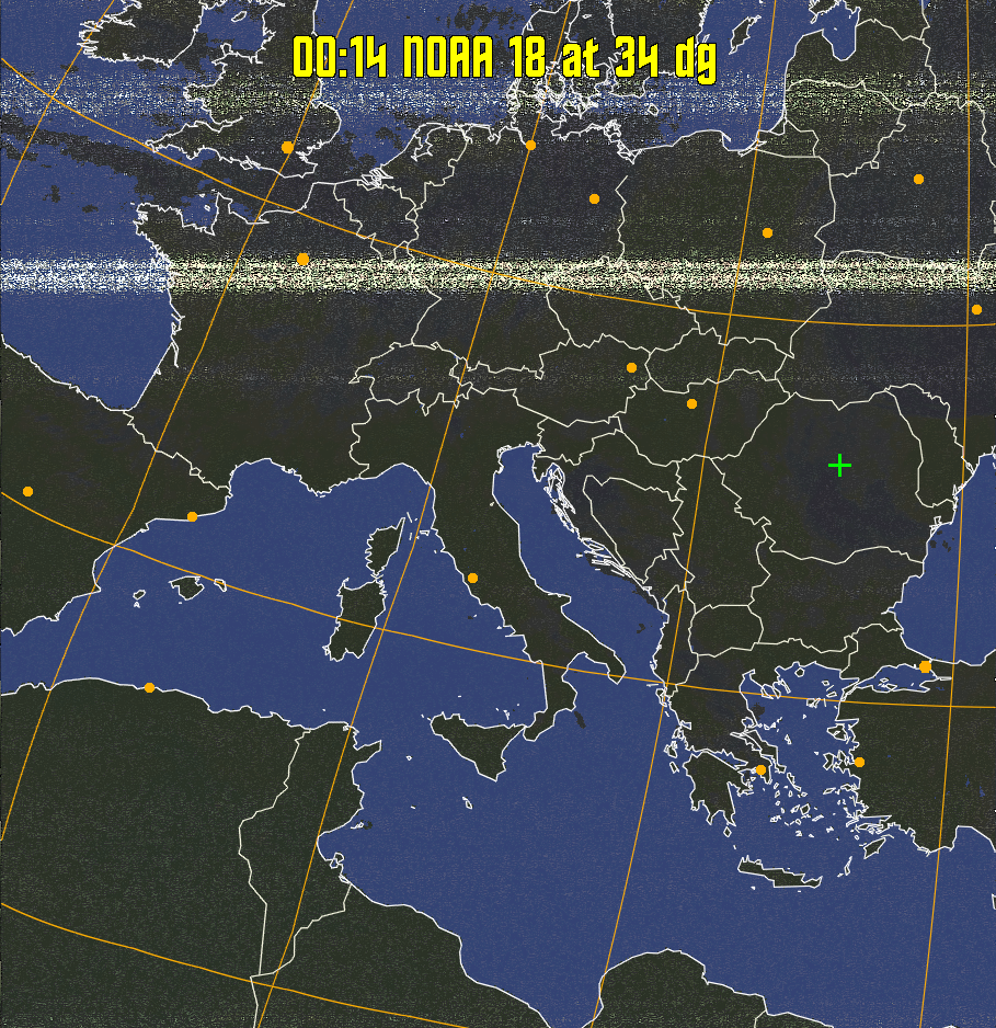 HVCT:
Similar to HVC, but with blue water and with colours more indicative of
land temperatures.
HVC:
Creates a false colour image from NOAA APT images based on temperature using
the HVC colour model. Uses the temperature derived from the sensor 4 image to
select the hue and the brightness from the histogram equalised other image to
select the value and chroma. The HVC colour model attempts to ensure that different colours at the same value will appear to the eye to be the same brightness
and the spacing between colours representing each degree will appear to the eye to
be similar. Bright areas are completely unsaturated in this model.