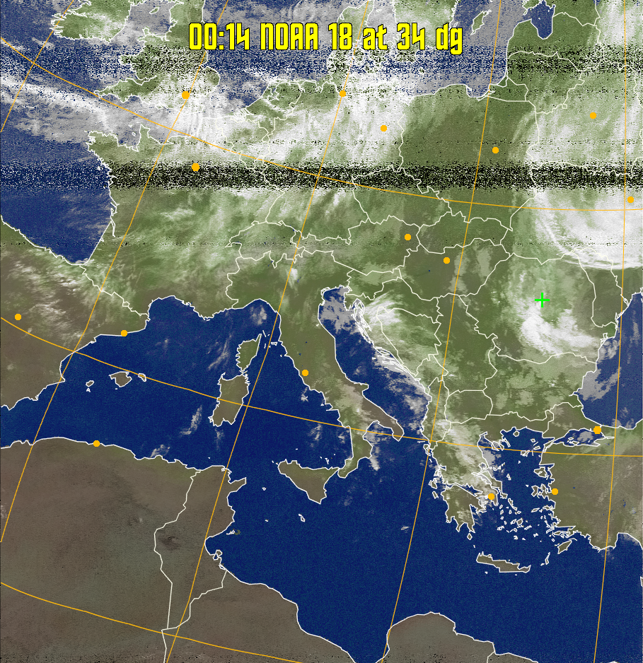 MCIR-precip: 
Colours the NOAA sensor 4 IR image using a map to colour the sea blue and land
green. High clouds appear white, lower clouds gray or land/sea coloured, clouds
generally appear lighter, but distinguishing between land/sea and low cloud may
be difficult. Darker colours indicate warmer regions.