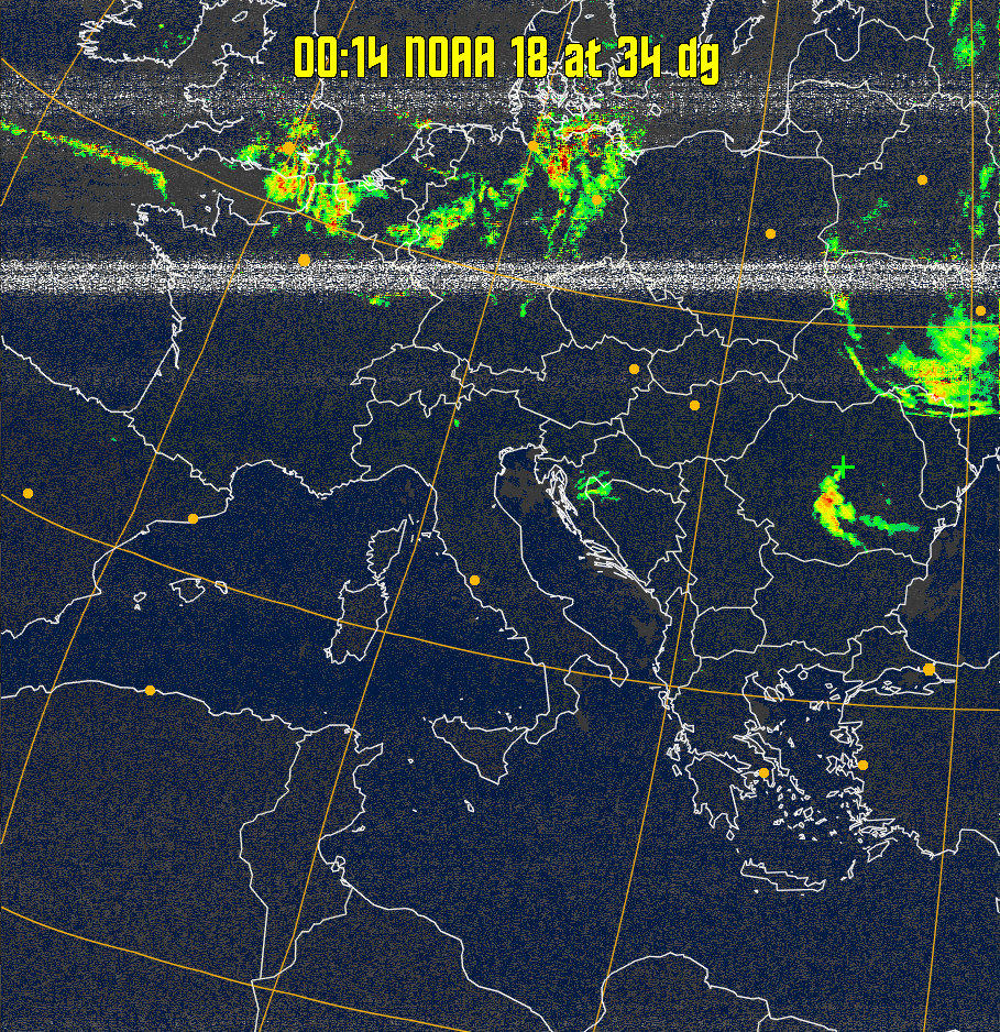 MSA-precip:
Same as MSA multispectral analysis, but high cold cloud tops are coloured the
same as the NO enhancement to give an approximate indication of the probability
and intensity of precipitation.